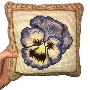 Vintage classic Needlepoint Flower Purple pansy velvet backed pillow 9.5…